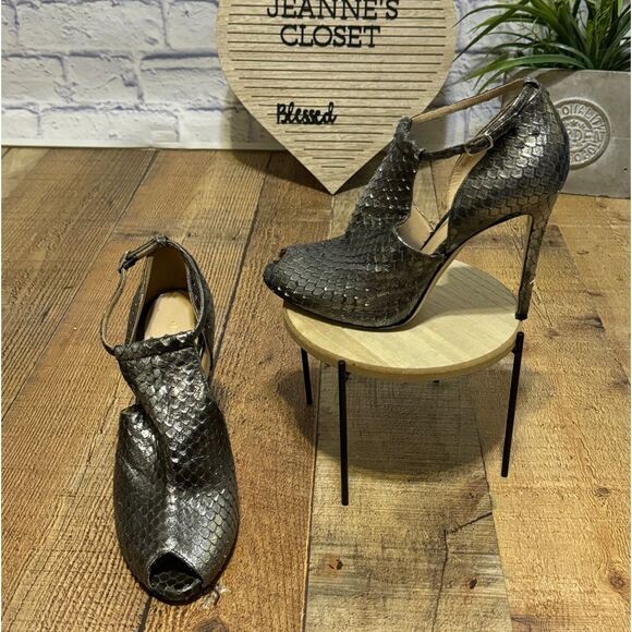 M.Gemi Curvi Silver Peep Toe Heels metallic snake skin stiletto - Picture 2 of 13